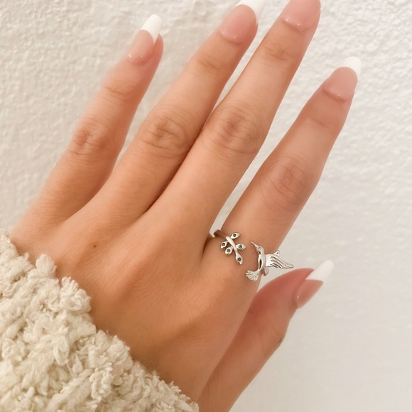 925 Sterling Silver Hummingbird Ring Bird Ring Tree Branch Ring Leaf Ring - Picture 2 of 9